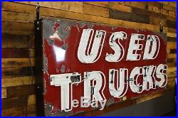 Original Used TRUCKS Porcelain Neon Dealership Sign 1940's Gas Station Garage