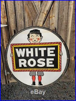 Rare 48in White Rose Gasoline Porcelain Sign. Double Sided. Canadian