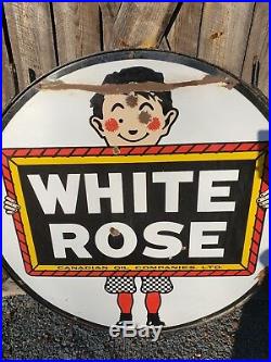 Rare 48in White Rose Gasoline Porcelain Sign. Double Sided. Canadian