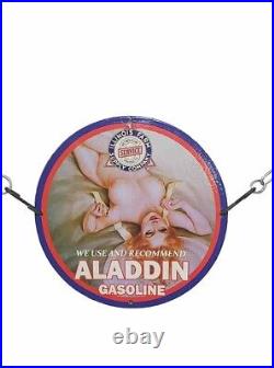 Rare Aladdin Gasoline Pinup Naked Babe Porcelain Gas Oil Motor Pump Plate Sign