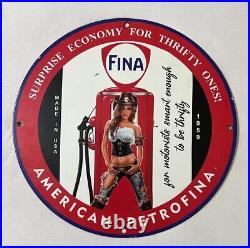 Rare Fina American Petrofina Porcelain Enamel Pinup Girl Gas Oil Garage Ad Sign