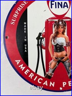 Rare Fina American Petrofina Porcelain Enamel Pinup Girl Gas Oil Garage Ad Sign