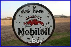 Rare MOBILOIL GARGOYLE PORCELAIN DOUBLE SIDED CURB SIGN With ORIGINAL Stand