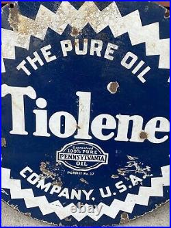 Rare Original Tiolene Motor Oil Porcelain Sign Pure Oil Advertising Double Sided