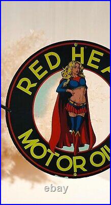Rare Red Head Motor Oil Pinup Super Girl Porcelain Gas Oil Station Garage Sign