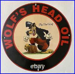 Rare Wolf's Head Gasoline Porcelain Garage Gas Oil Service Pump Plate Metal Sign