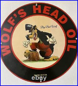Rare Wolf's Head Gasoline Porcelain Garage Gas Oil Service Pump Plate Metal Sign