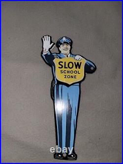 STOP SLOW SCHOOL Zone Coca Cola Policeman Gas Oil Porcelain Metal Sign