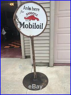 Scarce Mobil Oil Gargoyle Porcelain Double-Sided Lollipop Sign with Base Wadhams
