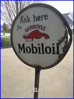 Scarce Mobil Oil Gargoyle Porcelain Double-Sided Lollipop Sign with Base Wadhams