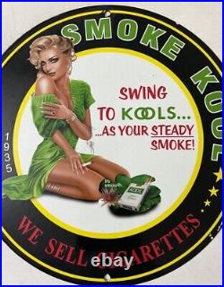 Smoke Kool Cigarettes Porcelain Pinup Babe Mancave Garage Gas Oil Pump Ad Sign