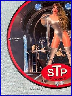 Stp Oil Treatment Pinup Girl Futuristic Porcelain Oil Gas Service Enamel Sign