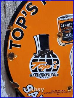 Tops Harley Davidson Vintage Porcelain Sign 1961 Veribrite Gas Woman Motorcycle