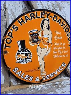 Tops Harley Davidson Vintage Porcelain Sign 1961 Veribrite Gas Woman Motorcycle