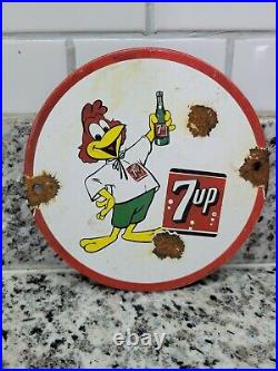 VINTAGE 7up PORCELAIN SIGN rooster soda pop drink GAS MOTOR OIL BEVERAGE RETAIL