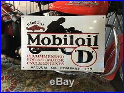 VINTAGE PORCELAIN GARGOYLE MOBILOIL D MOTORCYCLE OIL Harley Indian Triumph BSA