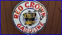 VTG 1930s RED CROWN ETHYL GASOLINE DOUBLE SIDED PORCELAIN LOLLIPOP CURB SIGN 30