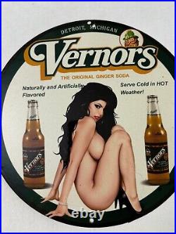 Vernor's Gingerale Zero Sugar Porcelain Naked Babe Beverage Gas Oil Service Sign
