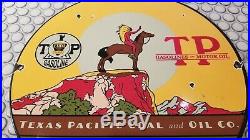 Vintage 1928 Texas Pacific Coal & Oil + Indian 12 Porcelain Metal Gasoline Sign