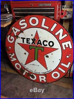 Vintage 1930s Texaco Gasoline Motor Oil 2 Sided 42 Porcelain Metal Sign
