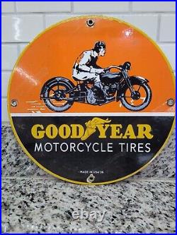 Vintage 1936 Goodyear Porcelain Sign Gas Motorcycle Tire Advertising Oil Service