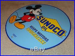 Vintage 1937 Sunoco Oil And Mickey Mouse 11 3/4 Porcelain Metal Gasoline Sign