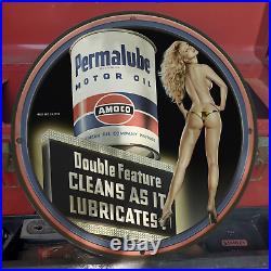 Vintage 1940 Amoco'Permalube' Motor Oil Porcelain Gas & Oil Metal Sign