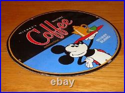 Vintage 1940 Mickey Mouse Coffee 12 Porcelain Metal Soda Pop Gasoline Oil Sign