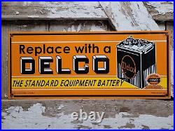 Vintage 1949 Delco Porcelain Sign Battery Auto Parts Gas Oil Veribrite Car Man