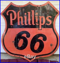 Vintage 1955 Phillips 66 Porcelain Double Sided Sign Orange/black Shield Shop A+