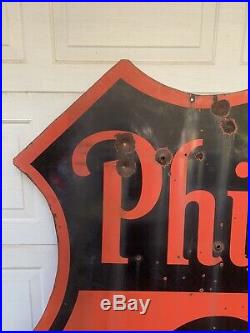 Vintage 1955 Phillips 66 Porcelain Double Sided Sign Orange/black Shield Shop A+