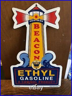 Vintage 1959 Beacon With Ethyl Gasoline Porcelain Gas Service Station Pump Sign