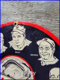Vintage 1960 New York Yankees Porcelain Sign Bronx Baseball Sports Ruth Gas Oil