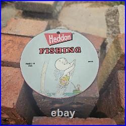 Vintage 1966 Heddon Fishing Casper Porcelain Gas Oil 4.5 Sign