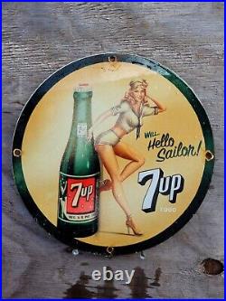 Vintage 7up Porcelain Sign Sailor Soda Pop Beverage Advertising Gas Oil Service