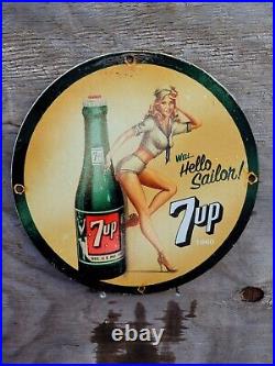 Vintage 7up Porcelain Sign Sailor Soda Pop Beverage Advertising Gas Oil Service