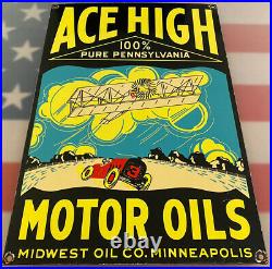 Vintage Ace High Motor Oil Porcelain Sign Gas Station Pump Plate Service Lube