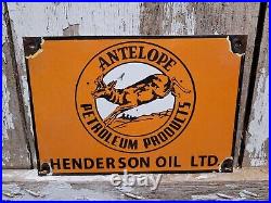 Vintage Antelope Petroleum Porcelain Sign Henderson Oil Gas Station Service Deer