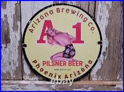 Vintage Arizona Brewing Porcelain Sign Pilsner Beer Gas Oil Service Bar Woman