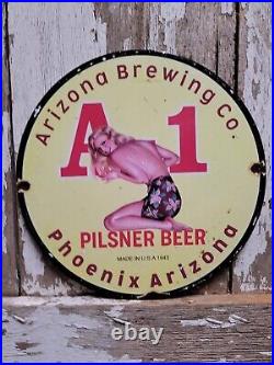 Vintage Arizona Brewing Porcelain Sign Pilsner Beer Gas Oil Service Bar Woman