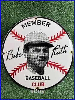 Vintage Babe Ruth Porcelain Sign Baseball Club Ny Yankee Sports Gas Oil Service