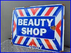 Vintage Beauty Shop Porcelain Sign Hair Salon Mens Barber Gas Oil Womens Parlor