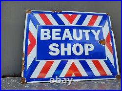 Vintage Beauty Shop Porcelain Sign Hair Salon Mens Barber Gas Oil Womens Parlor