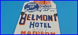 Vintage Belmont Hotel Porcelain Madison Gas Pump Service Desk Sales Ad Sign