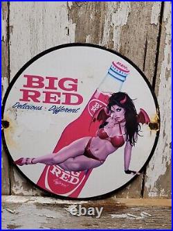 Vintage Big Red Porcelain Sign Soda Beverage Cola Drink Us Gas Oil Service Woman