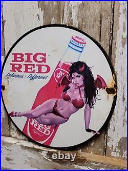 Vintage Big Red Porcelain Sign Soda Beverage Cola Drink Us Gas Oil Service Woman