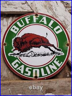 Vintage Buffalo Gasoline Porcelain Sign Bison Gas Pump Plate Oil Sales Service