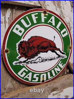 Vintage Buffalo Gasoline Porcelain Sign Bison Gas Pump Plate Oil Sales Service