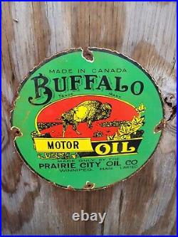 Vintage Buffalo Motor Oil Porcelain Sign Praire City Canada 12 Gas Advertising