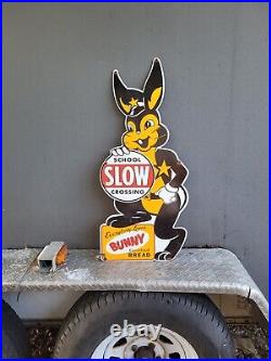 Vintage Bunny Bread Porcelain Sign 30x14 Dbl Sided Bakery Food Rabbit Gas Oil